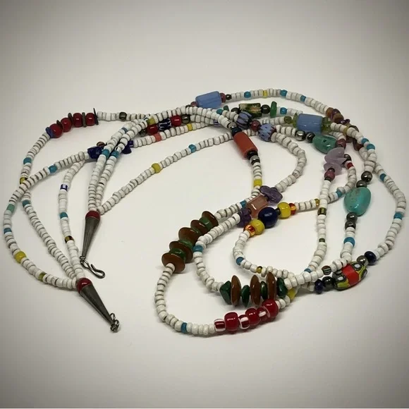 Vintage Ethnic Necklace Multi Strand Glass Gemstone Millefiori Trade Beads Boho